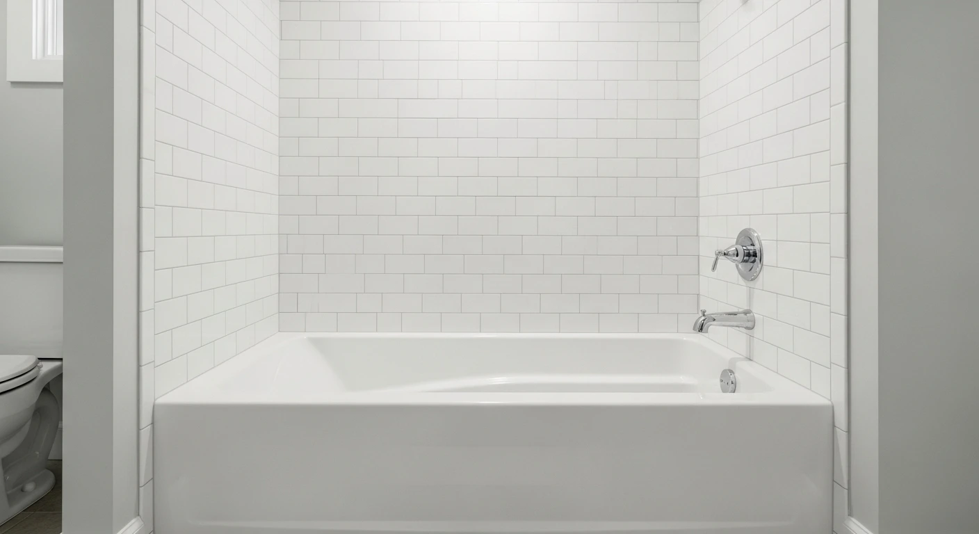 A pristine white American Standard Americast alcove bathtub installed neatly between three walls of white subway tile.