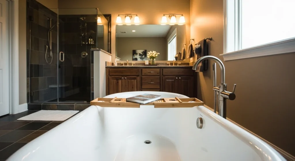 A beautiful American Standard freestanding tub sitting on a dark tile floor, demonstrating the stylish, open placement discussed in the installation guide.
