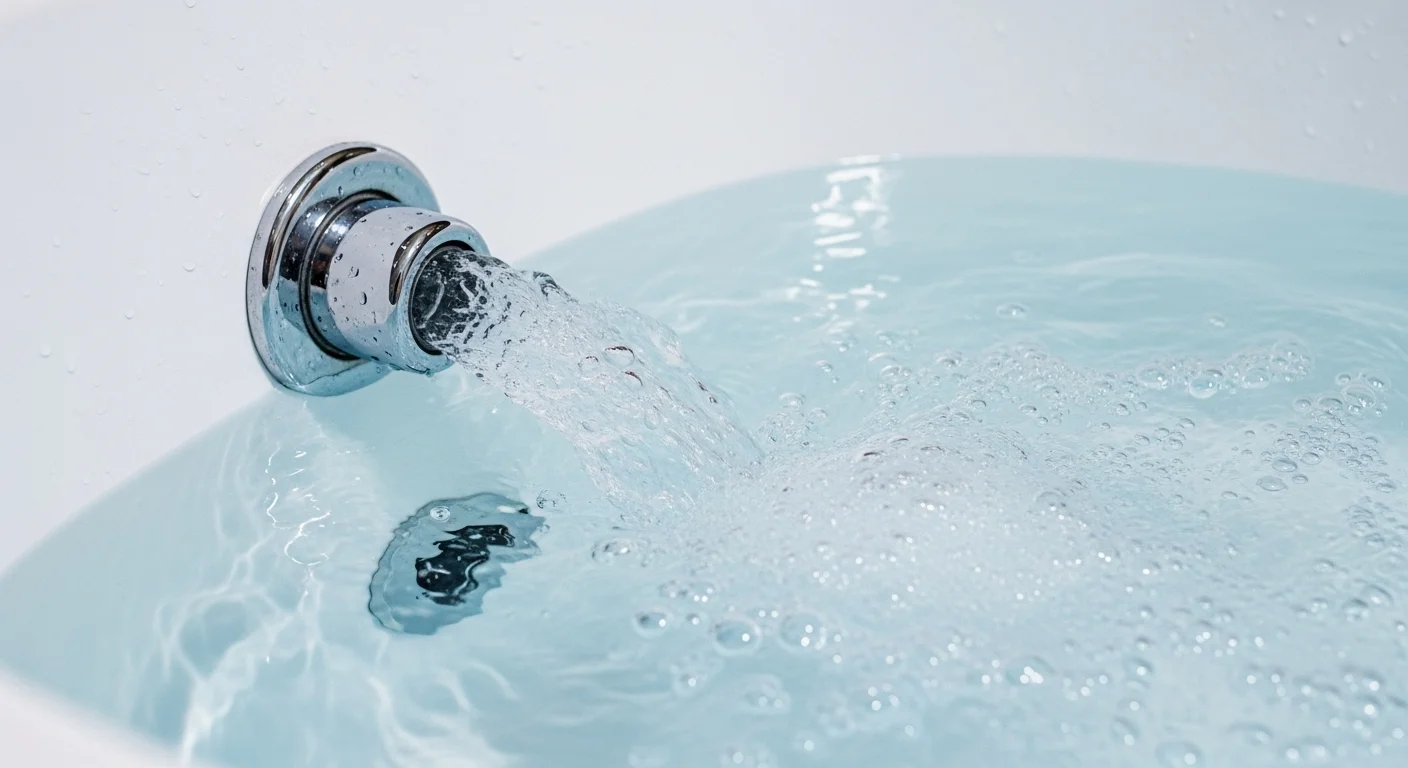 A close-up view of powerful whirlpool jets creating streams of water in a clean American Standard bathtub.