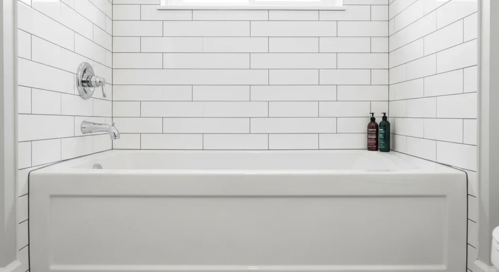 A clean installation of an American Standard Americast alcove bathtub, surrounded by classic white subway tile and a modern shower fixture.