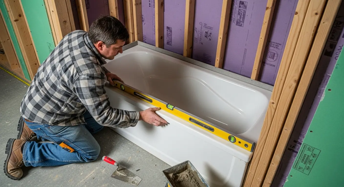 A professional contractor carefully leveling one of the many **american standard bathtubs** in a bed of mortar during a bathroom renovation.