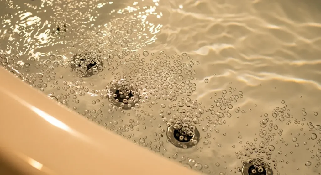 A close-up view of an American Standard air bath tub with thousands of gentle air bubbles rising through clean water, creating a spa-like experience.