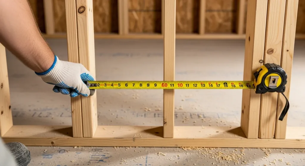 A contractor's hands holding a tape measure across a bathroom alcove to ensure the correct size for a new American Standard bathtub installation.