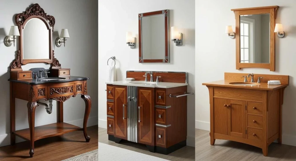 A visual comparison of three distinct antique style bathroom vanities: an ornate Victorian, a sleek Art Deco, and a simple Arts and Crafts design.
