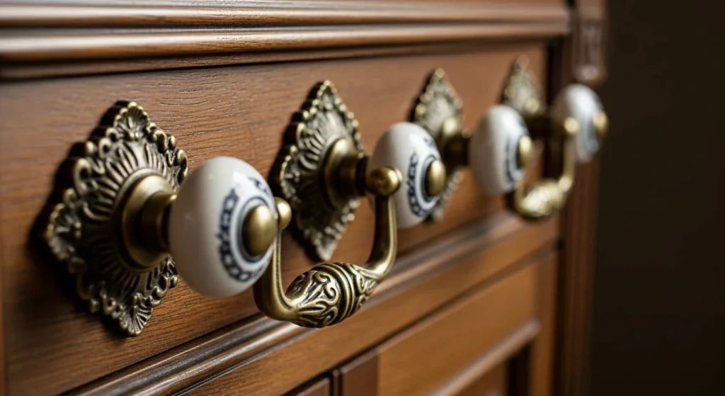 Close-up of intricate antique brass drawer pulls and ceramic knobs on a dark wooden vanity.
