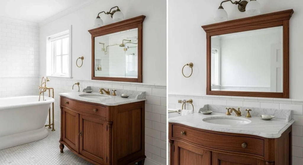A complete antique-inspired bathroom featuring a dark wood vanity, a clawfoot tub, subway tiled walls, and vintage-style lighting.
