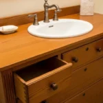 An antique wooden dresser cleverly repurposed into a functional bathroom vanity with a basin and faucet.