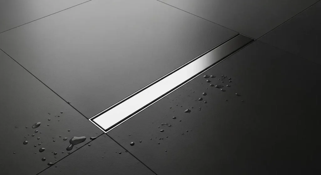 Modern wet room shower with a long, discreet linear drain set into large format grey tiles.