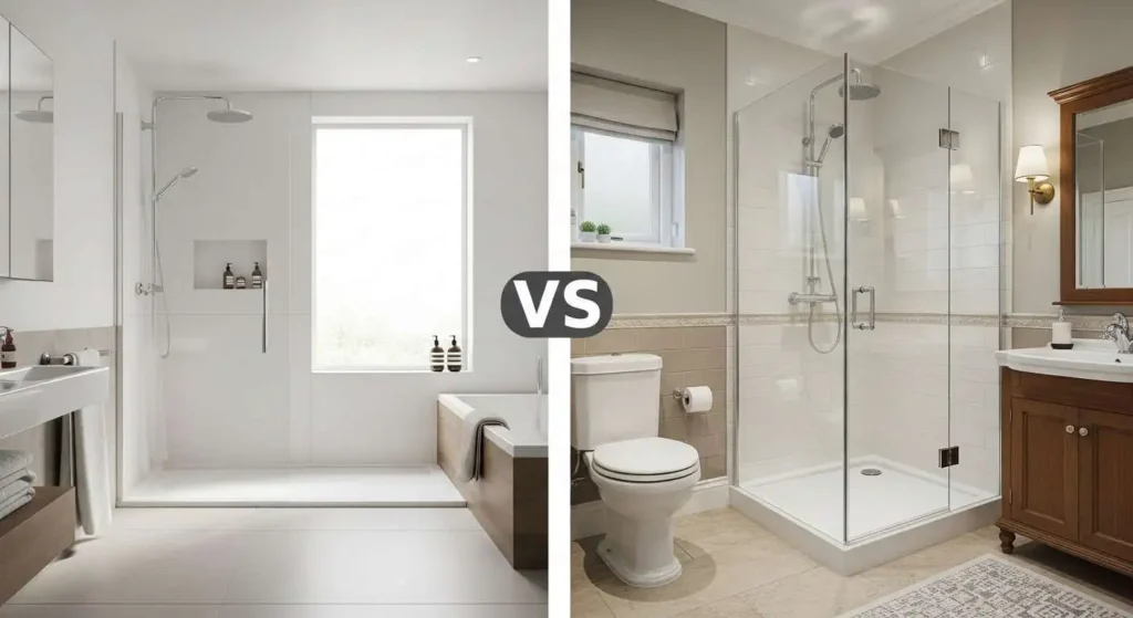 Side-by-side comparison illustrating a spacious wet room versus a traditional bathroom with a confined shower cubicle.