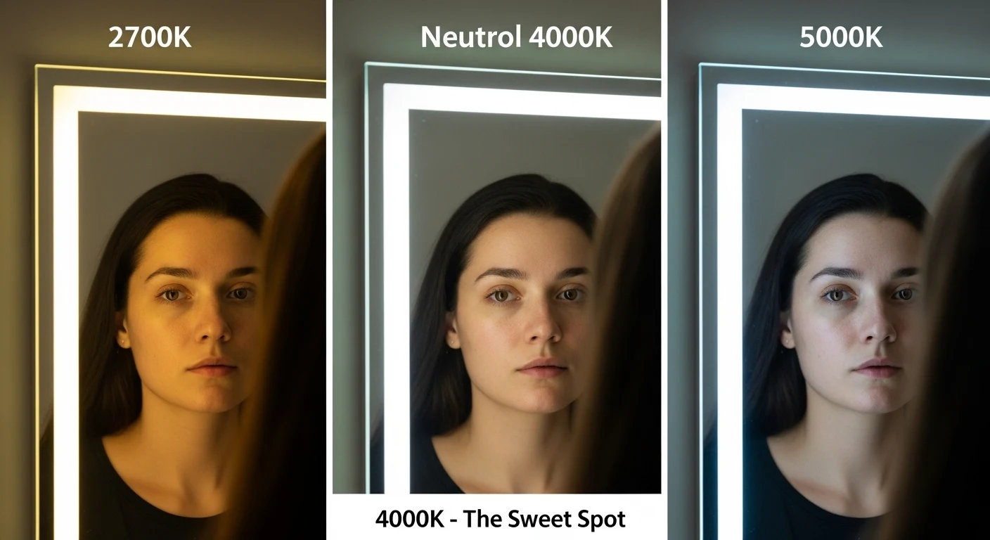 A side-by-side comparison of a bathroom mirror cabinet with lights showing 2700K warm light, 4000K neutral light, and 5000K cool light.