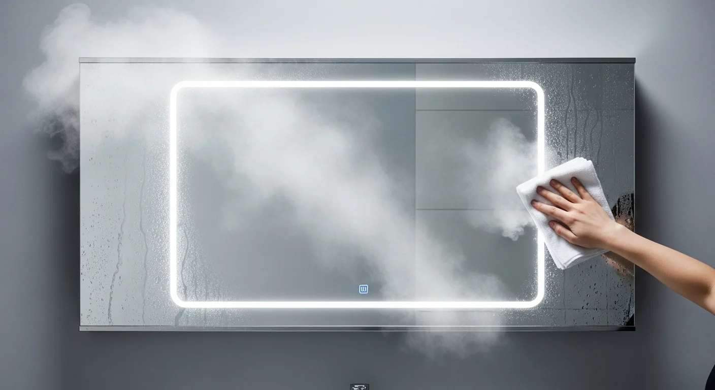 A bathroom mirror cabinet with lights in a steamy bathroom, where a rectangular section in the center is perfectly clear thanks to the anti-fog feature.