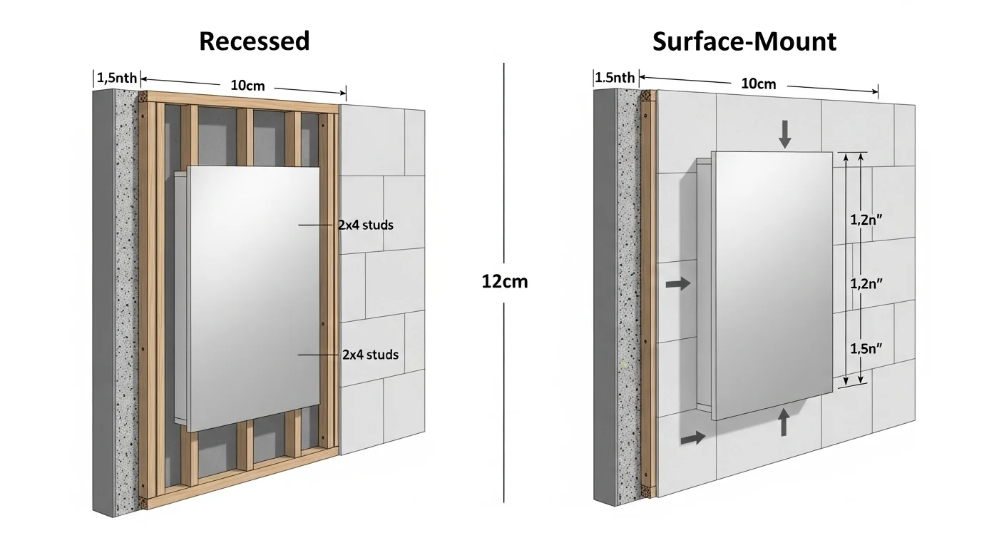 A diagram showing the difference between a recessed bathroom mirror cabinet, which sits flush inside the wall, and a surface-mount cabinet that hangs on the wall.
