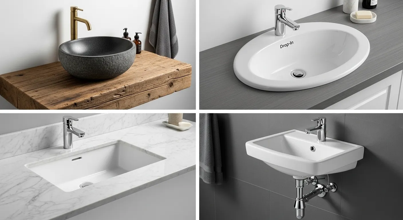 A collage showing four types of bathroom sinks: a round vessel sink, a white drop-in sink, a sleek undermount sink, and a space-saving wall-mounted sink.