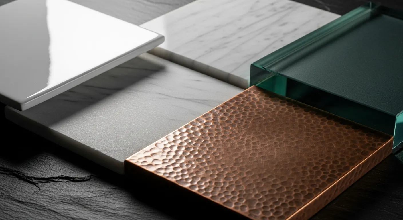 Close-up views of four different bathroom sink materials: glossy white ceramic, veined marble, clear tempered glass, and rustic hammered copper.