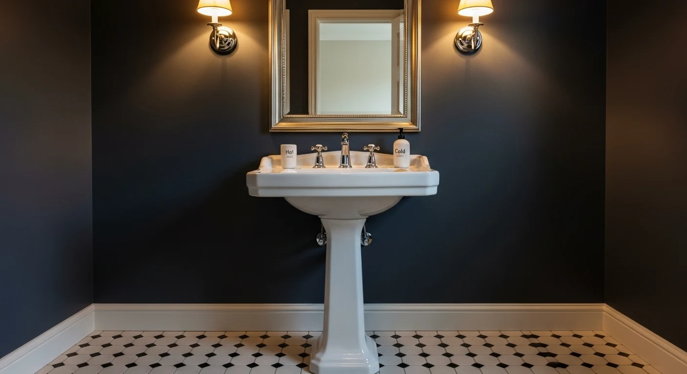 An elegant white ceramic pedestal sink standing in a classic bathroom with black and white tiled floors and polished chrome vintage-style fixtures.