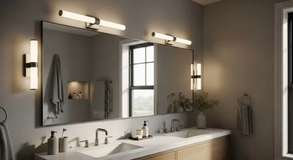 A contemporary bathroom with warm, flattering LED vanity lighting above a double sink.
