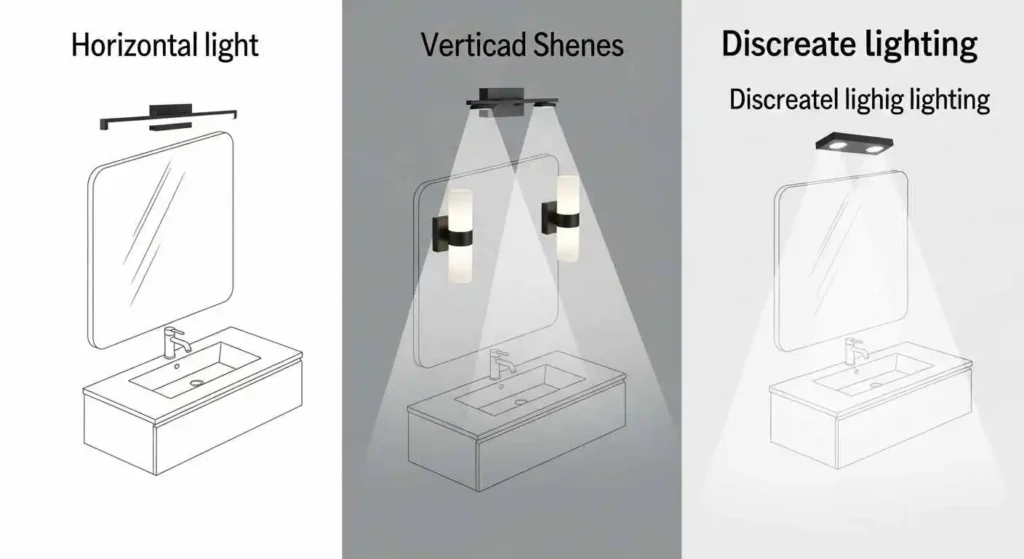 Infographic showing examples of bathroom bar lights, sconces, and recessed Bathroom Vanity Light Fixtures.