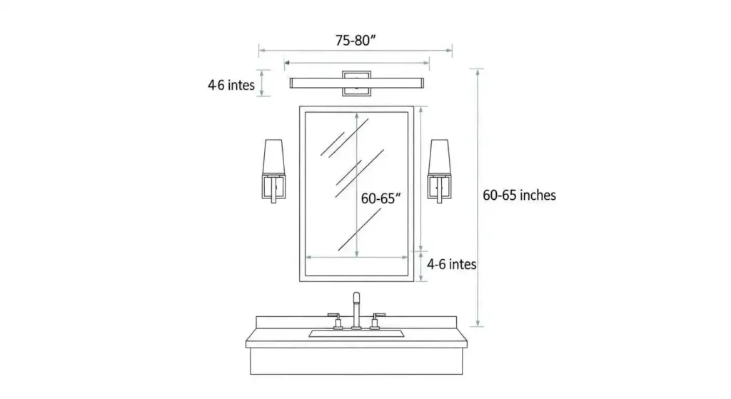 Diagram illustrating optimal placement and sizing for bathroom vanity bar lights and sconces.