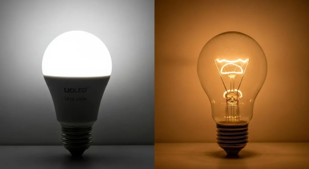 Comparison image contrasting modern LED bulbs with traditional incandescent bulbs, highlighting their differences.