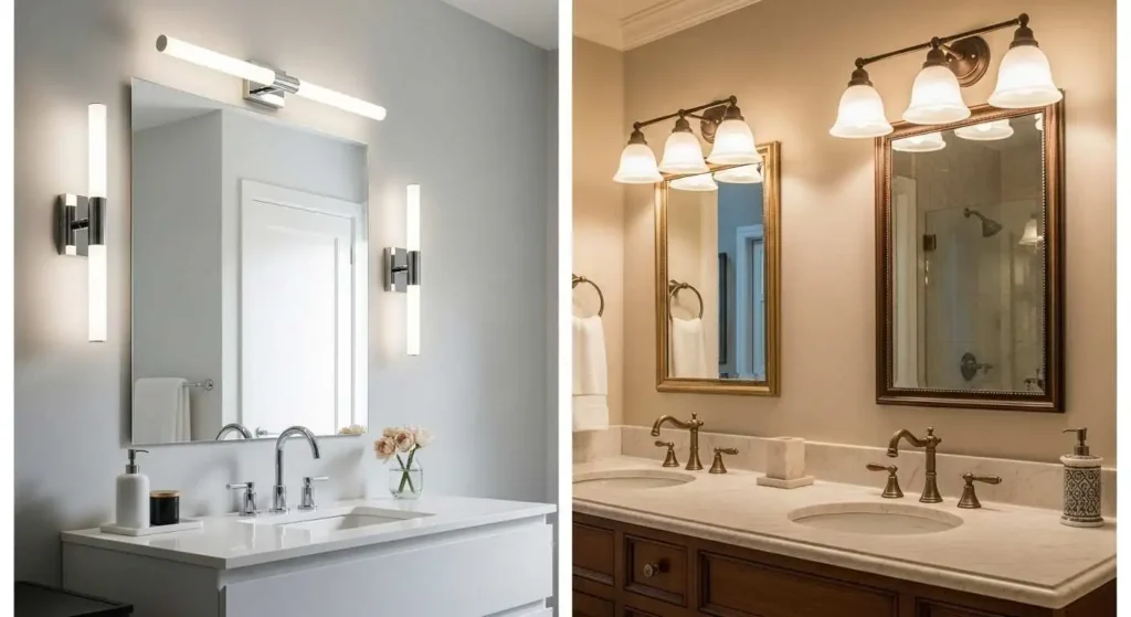 Side-by-side comparison of a modern bathroom vanity with minimalist lighting and a classic bathroom vanity with traditional, ornate lighting.