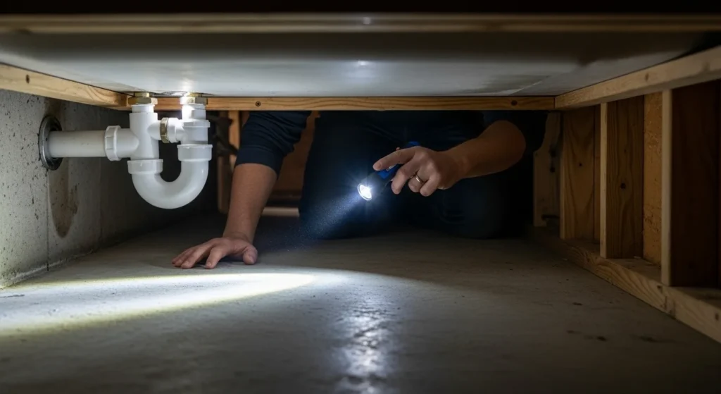 Person using a flashlight to meticulously check for leaks under a bathtub after drain kit installation.
