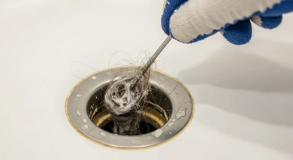 Hand removing a clog of hair and soap scum from a bathtub drain using a plastic drain snake.