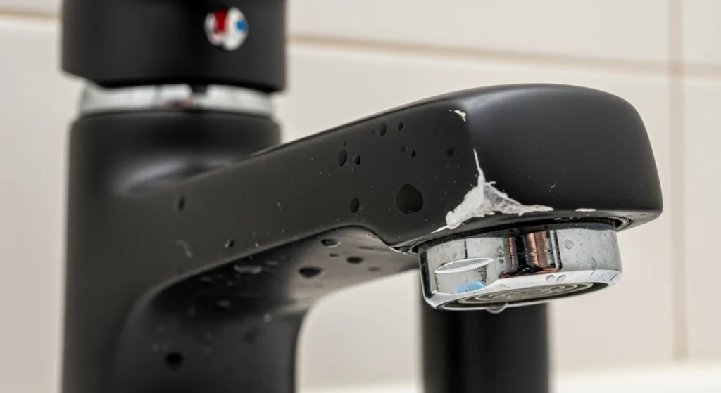 A close-up macro shot of a cheap matte black faucet with the finish chipping off, revealing the shiny silver metal beneath.