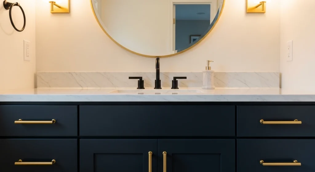 An elegant bathroom vanity with a matte black faucet, complemented by warm brushed gold cabinet handles and a matching gold-framed mirror.