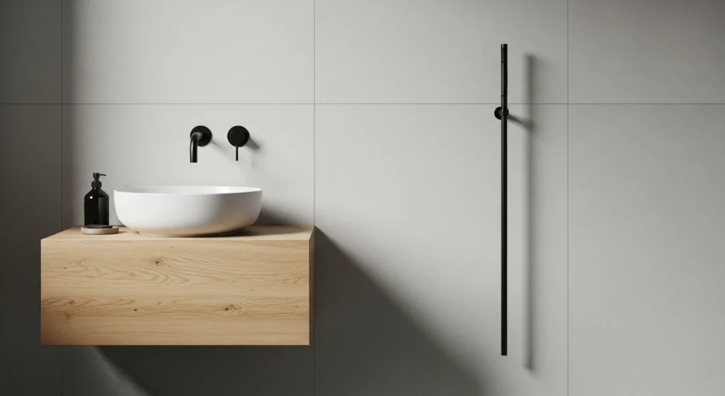 black bathroom accessories: A minimalist bathroom with a wall-mounted matte black faucet extending over a simple vessel sink on a floating oak vanity.