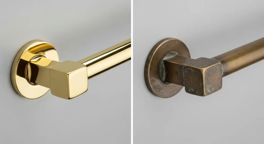 A split image comparing a new, mirror-shiny lacquered brass fixture against an aged, tarnished unlacquered brass fixture with a dark patina.