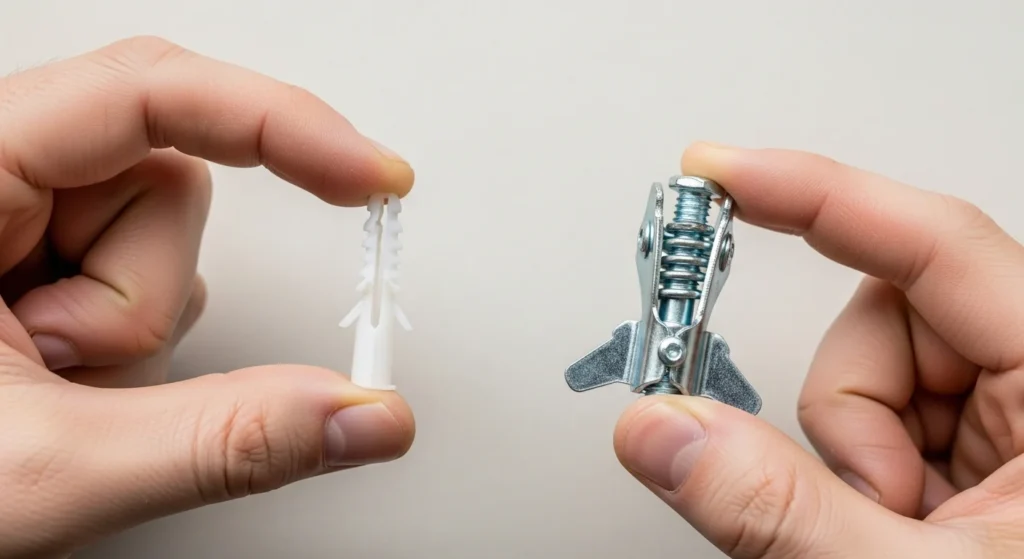 A close-up comparison showing a flimsy plastic drywall anchor next to a strong, reliable metal toggle bolt anchor, highlighting the difference in quality.