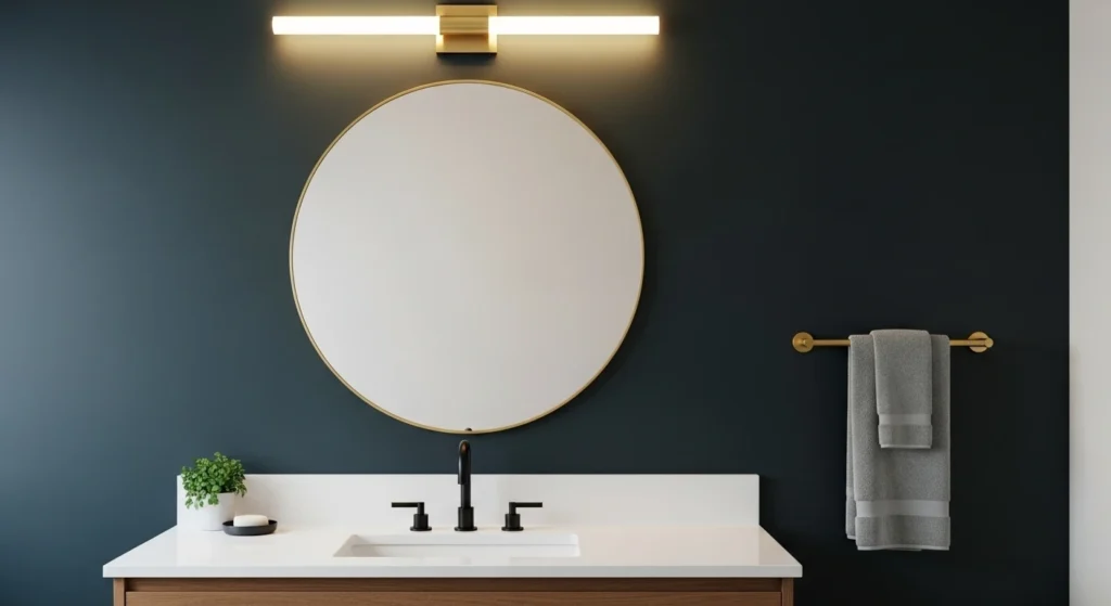 A stylish modern bathroom with dark blue walls, showing a matte black faucet at the sink and coordinated brushed brass accessories, including a towel bar and mirror.
