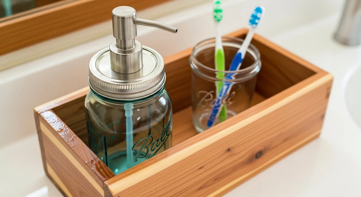 A close-up of a rustic wooden box used as a countertop organizer, holding a toothbrush in a glass jar and a Mason jar soap dispenser.