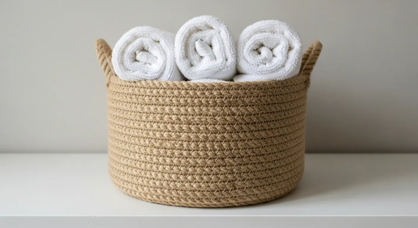 A handmade jute rope basket filled with neatly rolled white hand towels, a simple DIY bathroom accessory for storage.