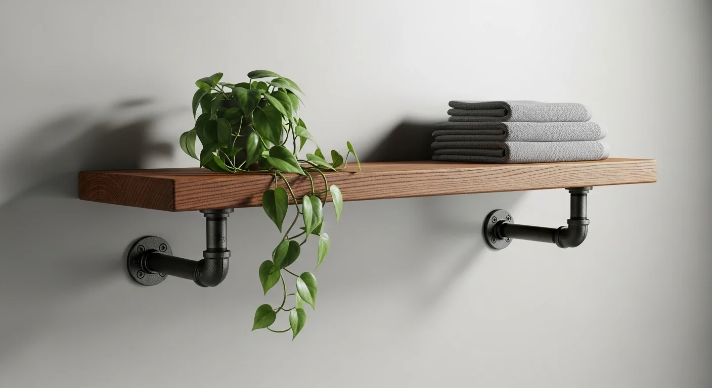 A sturdy wooden shelf mounted on the wall with black iron pipe fittings, a popular style of DIY bathroom accessories for storage.