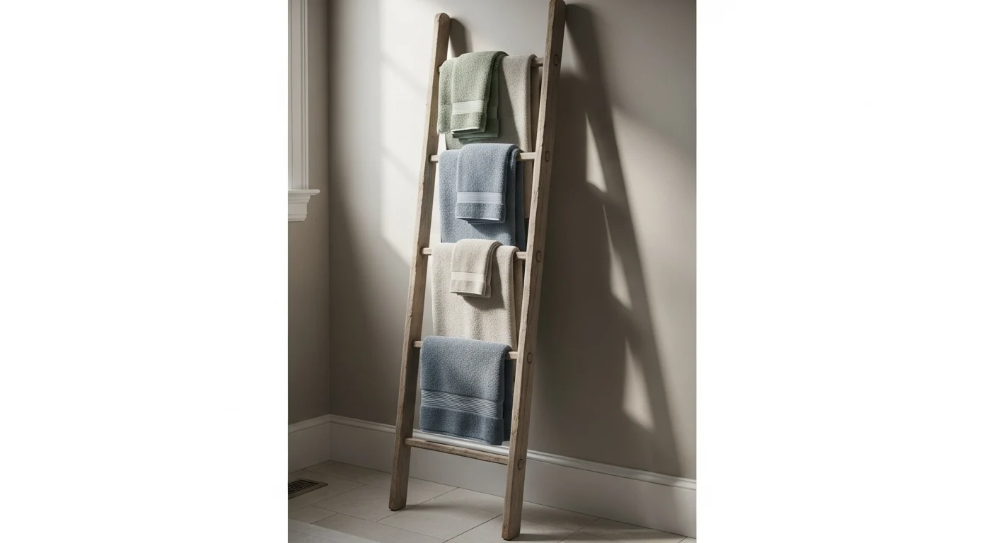 A rustic wooden ladder leaning against a bathroom wall, repurposed as a unique DIY accessory for hanging towels.