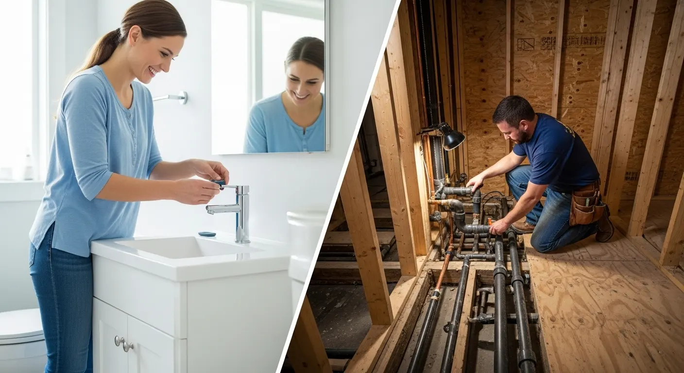 A split image comparing a simple cosmetic bathroom update on the left with a full gut renovation showing exposed plumbing on the right.