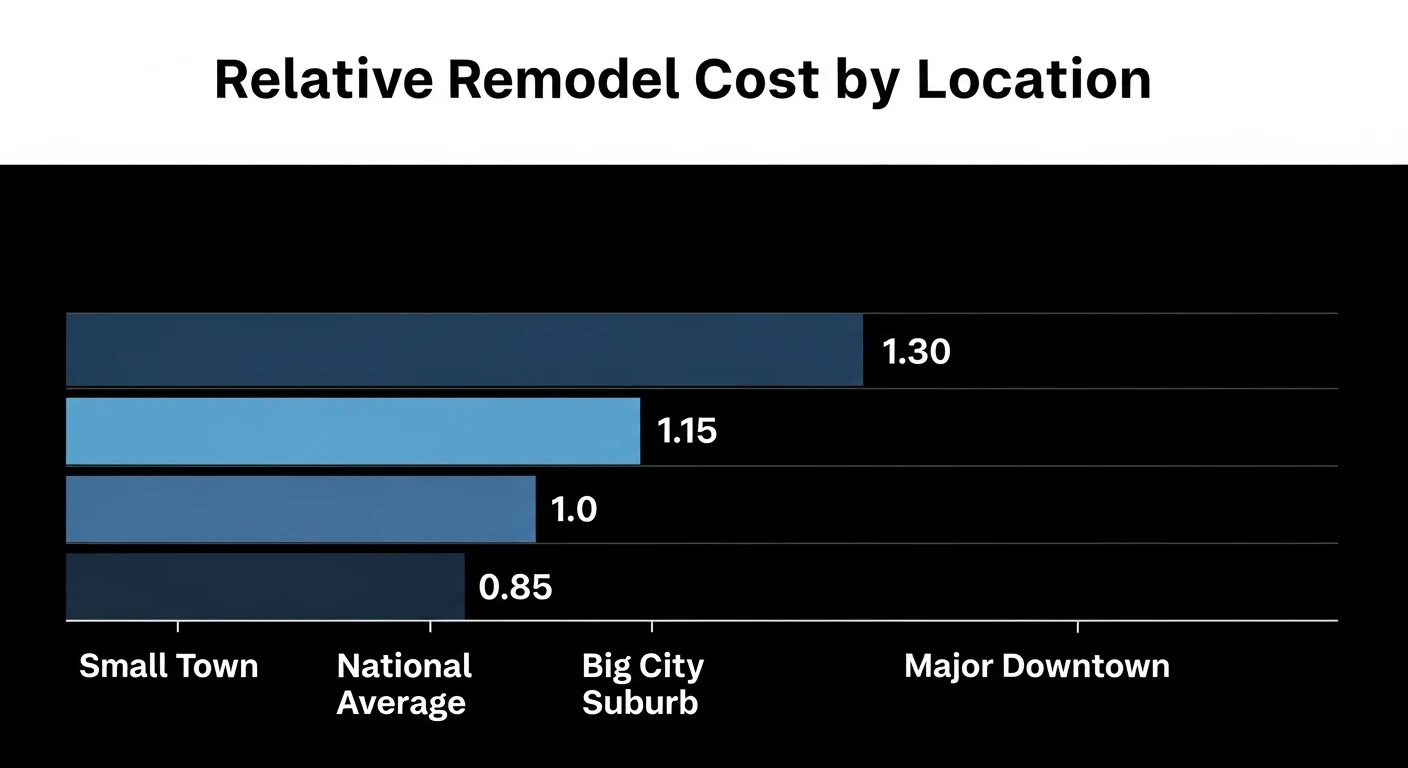A bar chart titled "Relative Remodel Cost by Location" showing data for Small Town, National Average, Big City Suburb, Major Downtown.