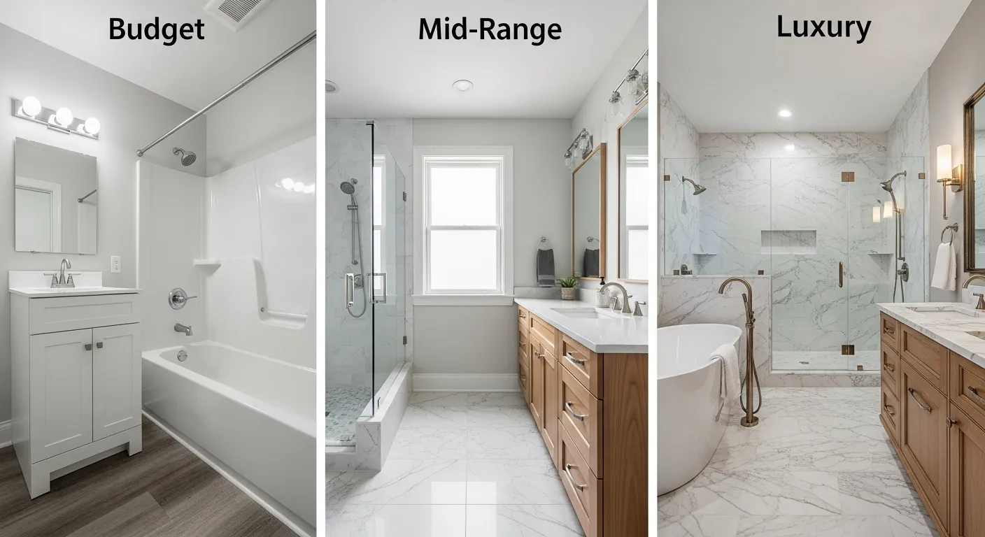 A set of three images showing the different results when you estimate bathroom remodel cost for budget, mid-range, and luxury projects.