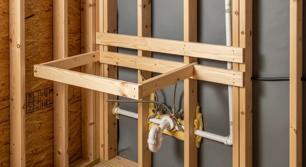  Partial view of bathroom wall framing showing sturdy blocking and plumbing rough-in for an ADA compliant wall-mounted sink, emphasizing pre-finishing installation details.