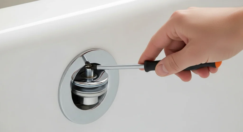 A close-up of a hand using a Phillips head screwdriver to unscrew the visible center screw of a chrome lift-and-turn bathtub drain stopper.
