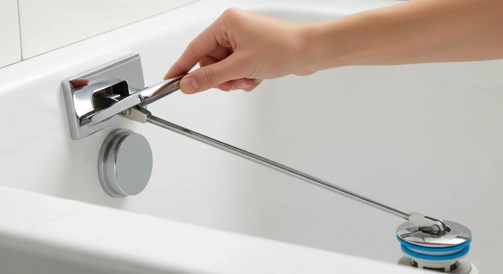 A hand gently pulling a chrome bathtub overflow plate and its attached linkage rod, with the pop-up stopper emerging from the drain.