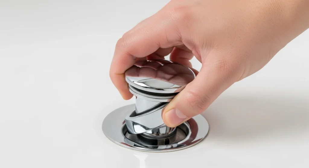 A hand firmly gripping and rotating a sleek chrome toe-touch bathtub drain stopper counter clockwise to unthread it.