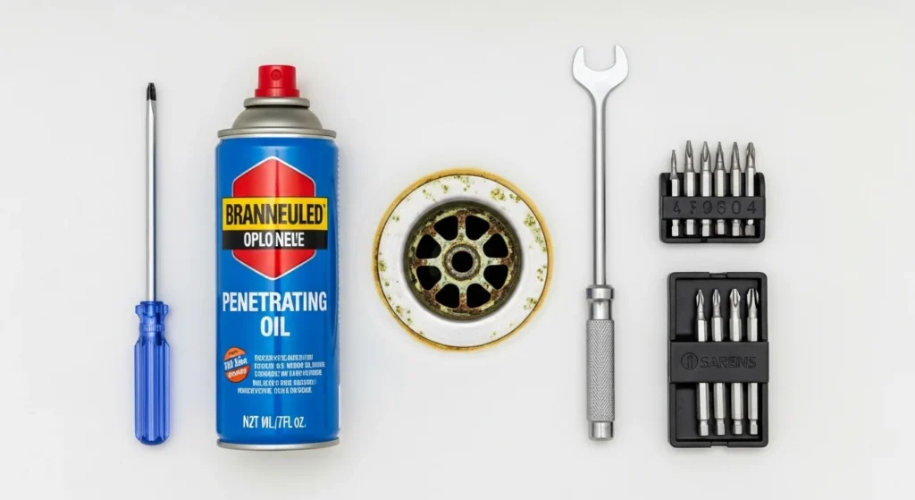 remove bathtub drain stopper: An array of troubleshooting tools including a Phillips head screwdriver, penetrating oil spray can, and a screw extractor kit, laid out next to a slightly corroded bathtub drain opening.