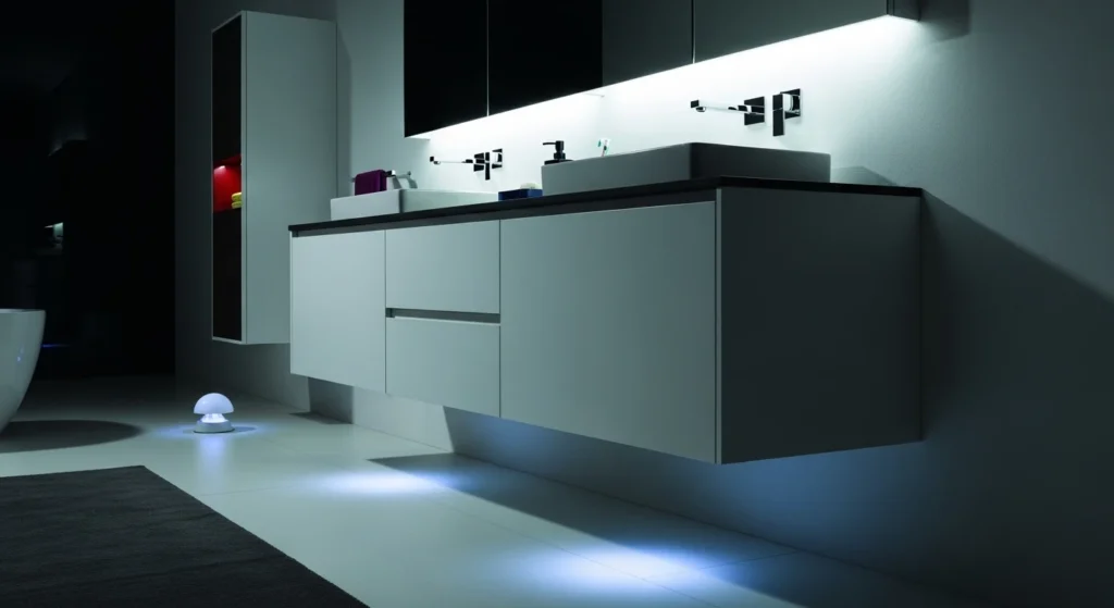 Sleek, wall-mounted 72-inch double sink vanity with flat-panel doors, minimalist hardware, a thin-profile quartz countertop, and subtle under-cabinet LED lighting in a contemporary bathroom.