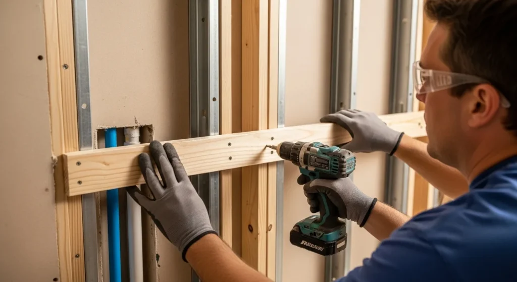 Professional contractor securing solid wooden blocking between wall studs to prepare for the safe installation of a heavy wall-mounted 72-inch double sink vanity.