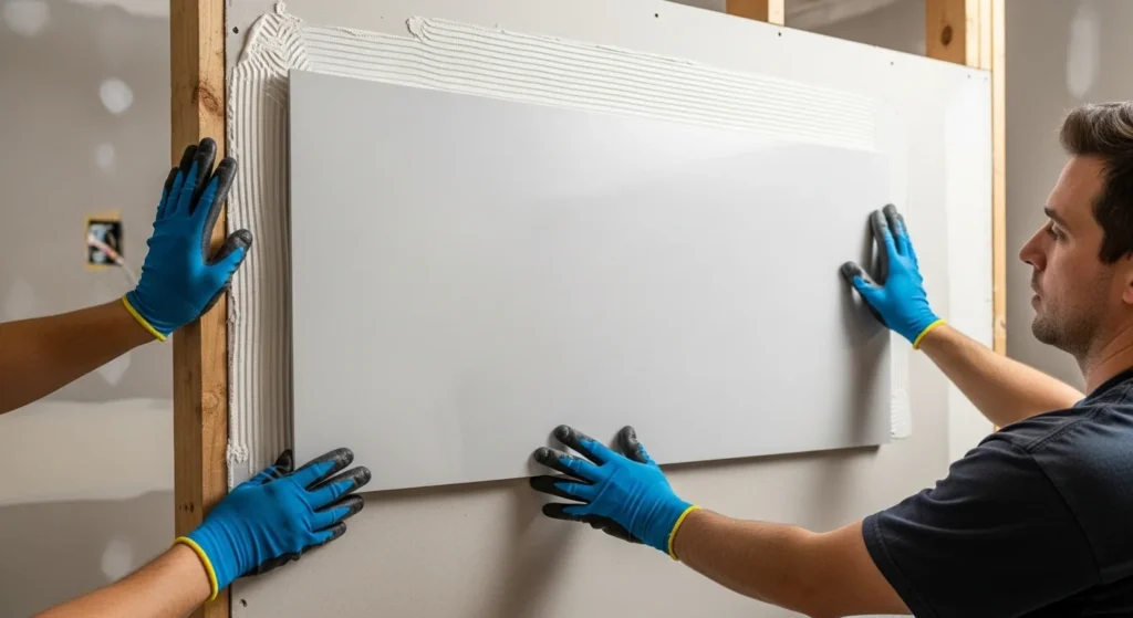Close-up of a large, smooth acrylic shower wall panel being carefully positioned during installation, highlighting its seamless surface.