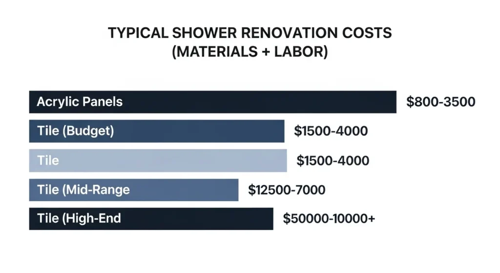 The data is: Acrylic Panels at $800-3500; Tile (Budget) at $1500-4000; Tile (Mid-Range) at $2500-7000; Tile (High-End) at $5000-10000+. Use a dark theme with shades of blue for the bars.