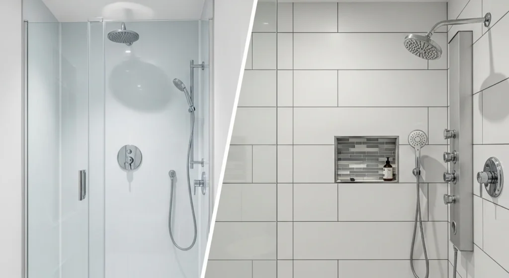 Split image comparing a sleek, seamless white acrylic shower wall with a traditional ceramic subway tile shower wall, highlighting material differences.