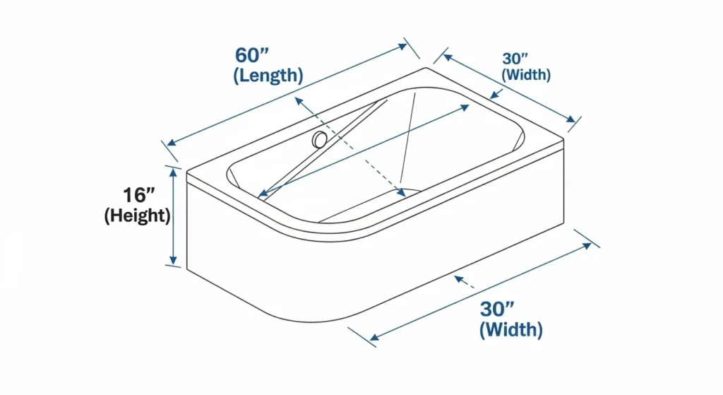 standard bathtub size: An illustration of a standard alcove bathtub with arrows and labels indicating its dimensions: 60 inches long, 30 inches wide, and 16 inches high.